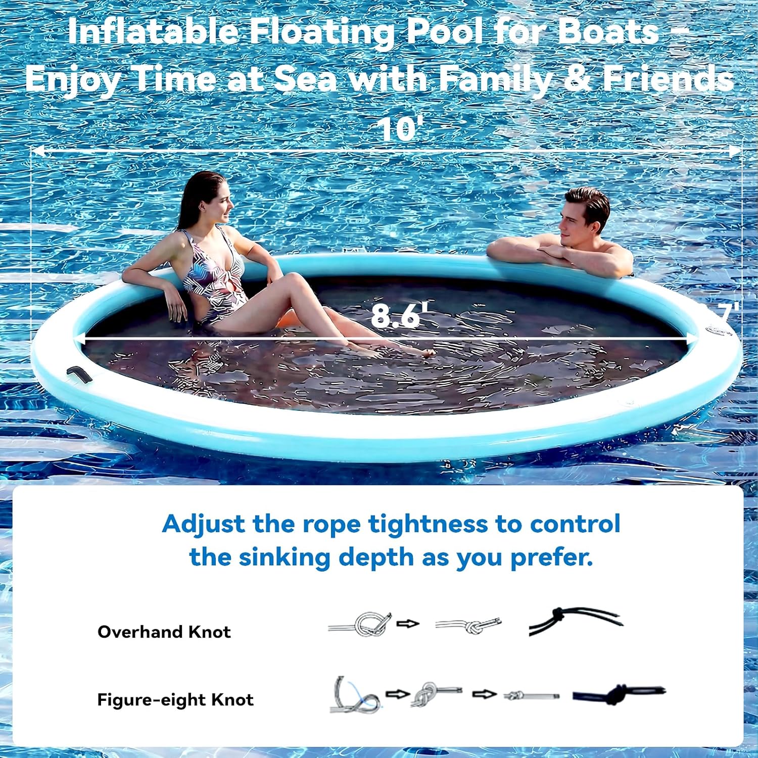 6-12FT Round Inflatable Floating Dock, Sunchill Float Ring, Water Hammock Tanning Pool Floats with Woven Fabric, Manual Pump for Quick Inflate/Deflate, Fits 2-8, Ideal for Lakes, Oceans