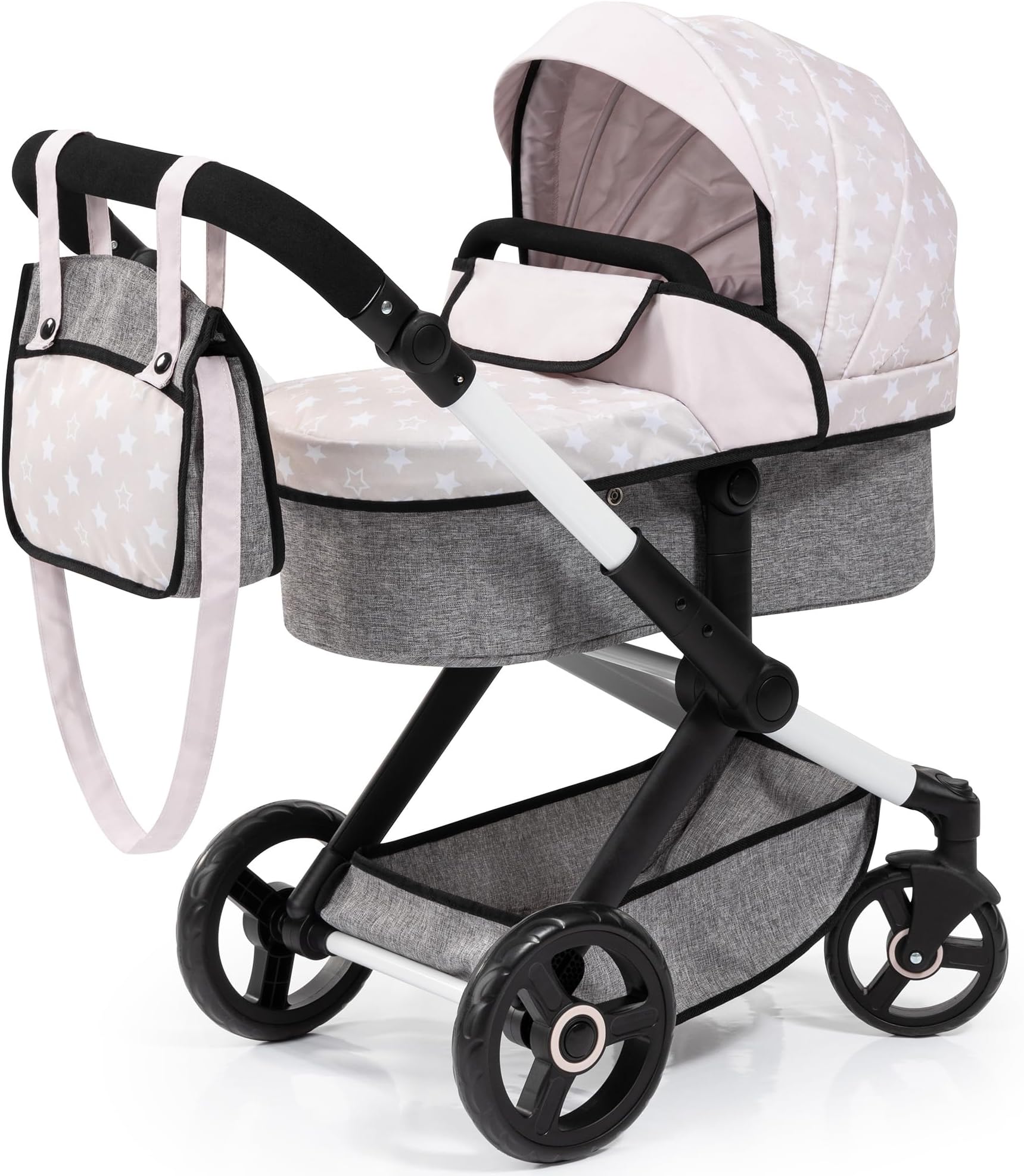 Bayer Baby Dolls Pram XEO - Convertible Doll Pushchair, Carrycot & Changing Bag - Foldable Stroller with Adjustable Handle Height for Girls, Tall Dolls Pram for 6 Years Plus, 3-5 Year Olds