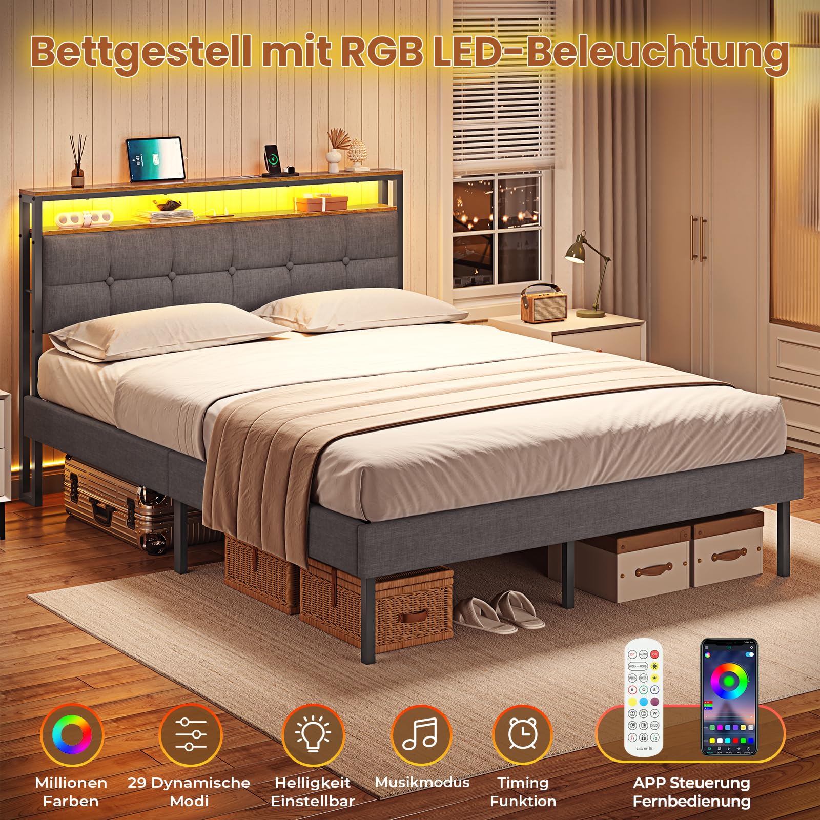 AOGLLATI Letto imbottito 140 x 200 cm con rete a doghe in metallo, struttura del letto con illuminazione a LED e prese Letto doppio con testiera in legno