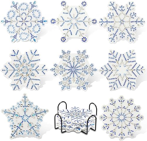 UPINS Juego de posavasos de pintura de diamantes de copo de nieve, posavasos de arte de diamantes de invierno con soporte para bebidas artesanales,
