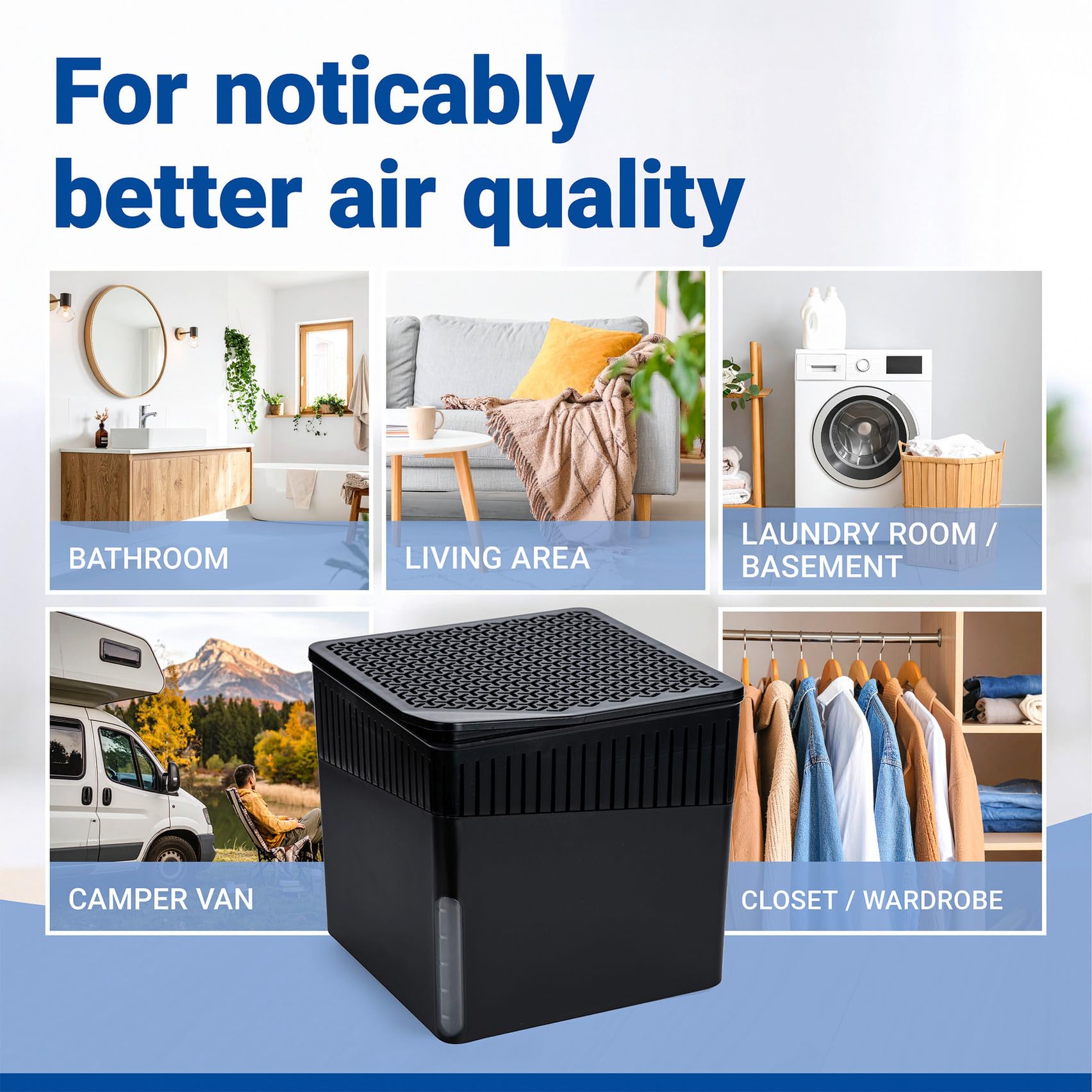 Wenko Deumidificatore Cube 1000 g, per ambienti fino a 80 m³, previene muffa e cattivi odori, senza elettricità, silenzioso, ricaricabile, nero