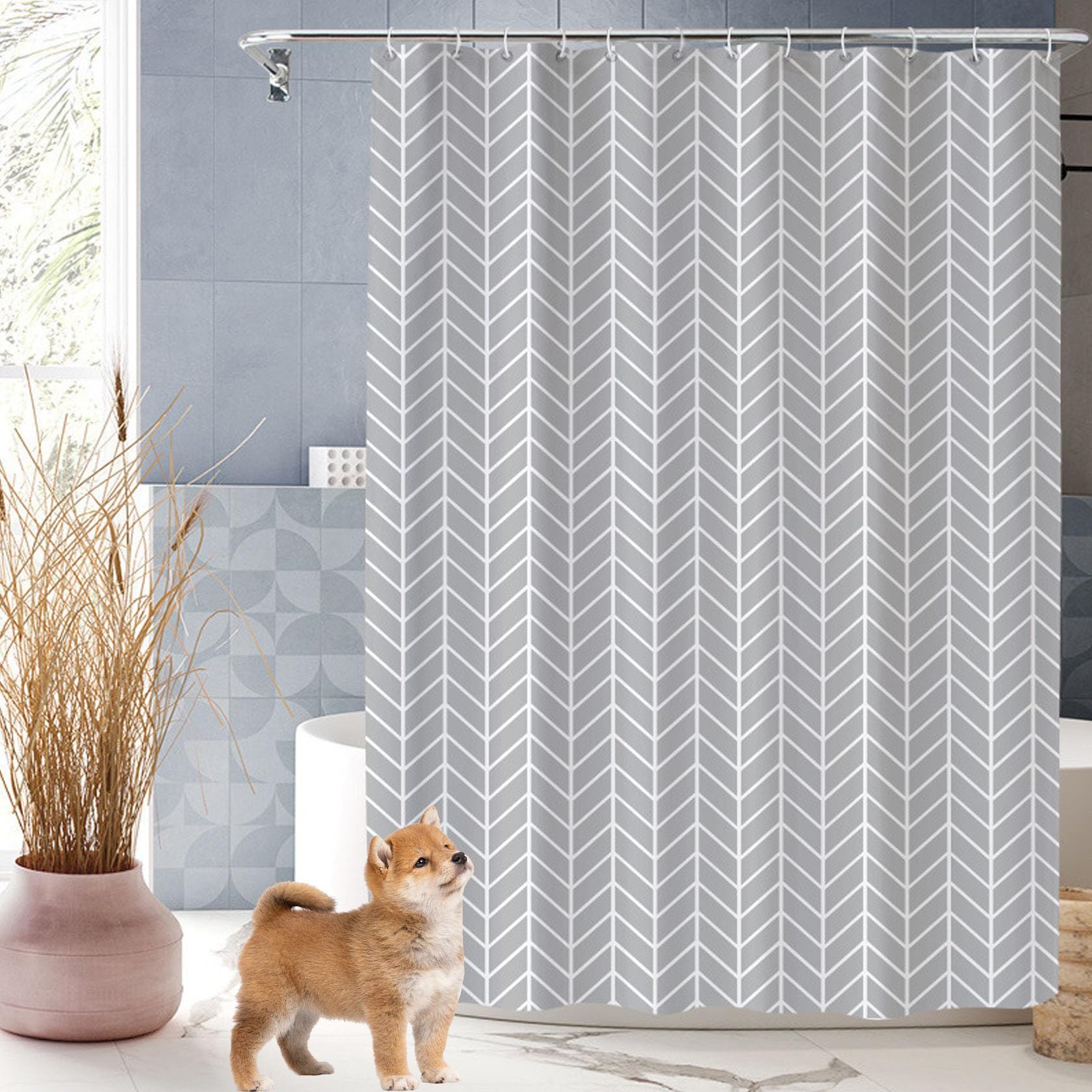 Rideau de douche textile blanc 140 x 195 cm avec œillets et anneaux pour cabine