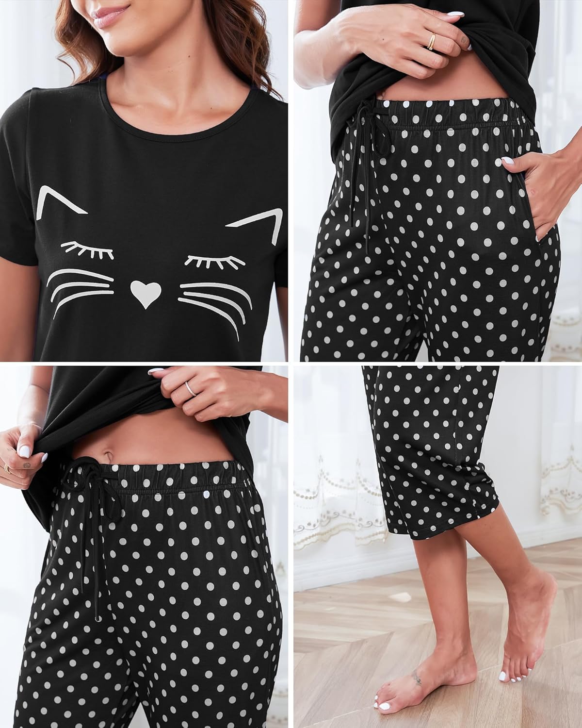 Womens Capri Pajama Sets Summer Cotton Short Sleeve and Capri Pants 2 Piece Loungewear Sleepwear Soft Cat Print Pjs - Image 4