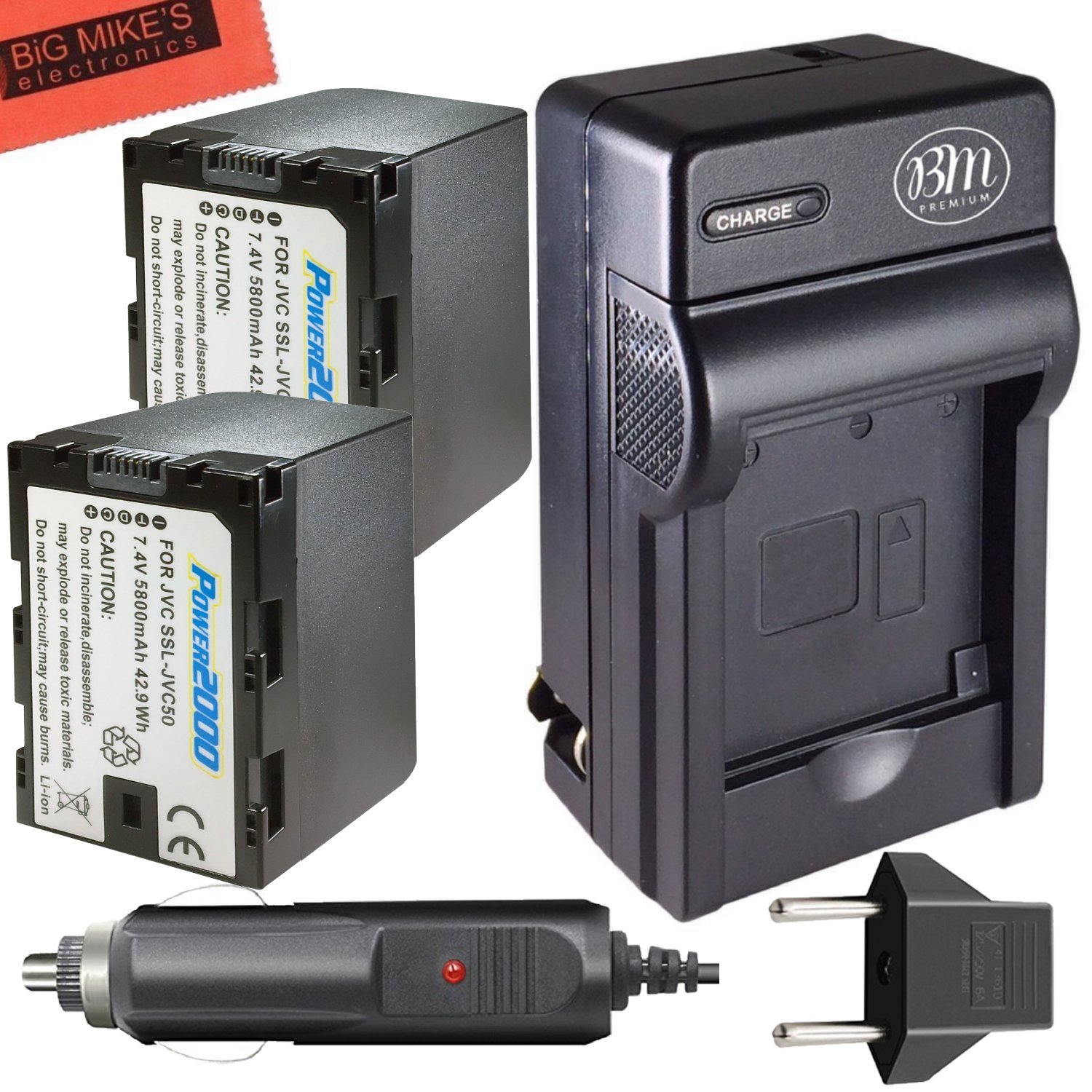 2 Pack of Replacement SSL-JVC50 Batteries and Battery Charger for JVC GY-HMQ10, GY-HM200, GY-LS300, 