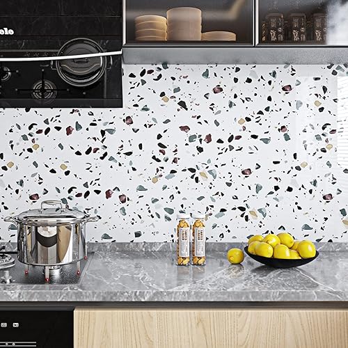 Miniatura 6 de FunStick Papel de contacto de terrazo de 24 x 200 pulgadas, para encimeras de cocina, impermeable, granito blanco, papel de contacto, autoadhesivo,