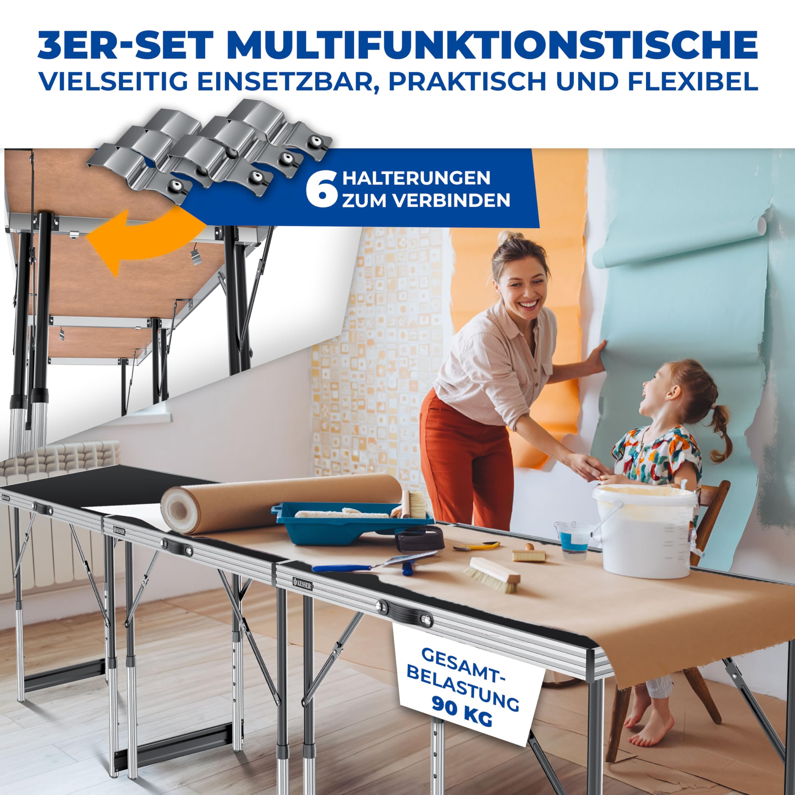 KESSER® Multifunktionstisch Profi 3- teilig, 100 x 60 cm, Tapeziertisch 90kg Gesamtbelastung, mit Ausziehfunktion Klapptisch Flohmarktisch Beistelltisch Mehrzwecktisch Campingtisch höhenverstellbar
