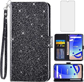 Asuwish Phone Case for Visible Midnight with Tempered Glass Screen Protector and Glitter Wallet Cover Flip Card Holder Slot Stand Kickstand Rugged Folio Purse Cell Accessories WTVIS01 Women Men Black