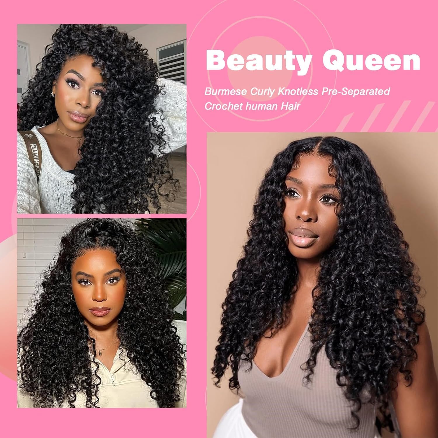 Burmese Curly Human Crochet Hair 16inch 60g Knotless Pre-Separated Feather Human Crochet Hair 3C4A Lightweight Remy Hair Extensions With Spiral Curl for Women Natural Black Color