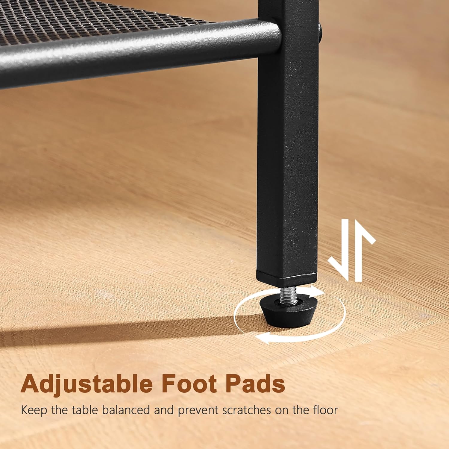 Close-up of the adjustable foot pads on the Hoctieon 2-Tier End Table, showing how to adjust them
