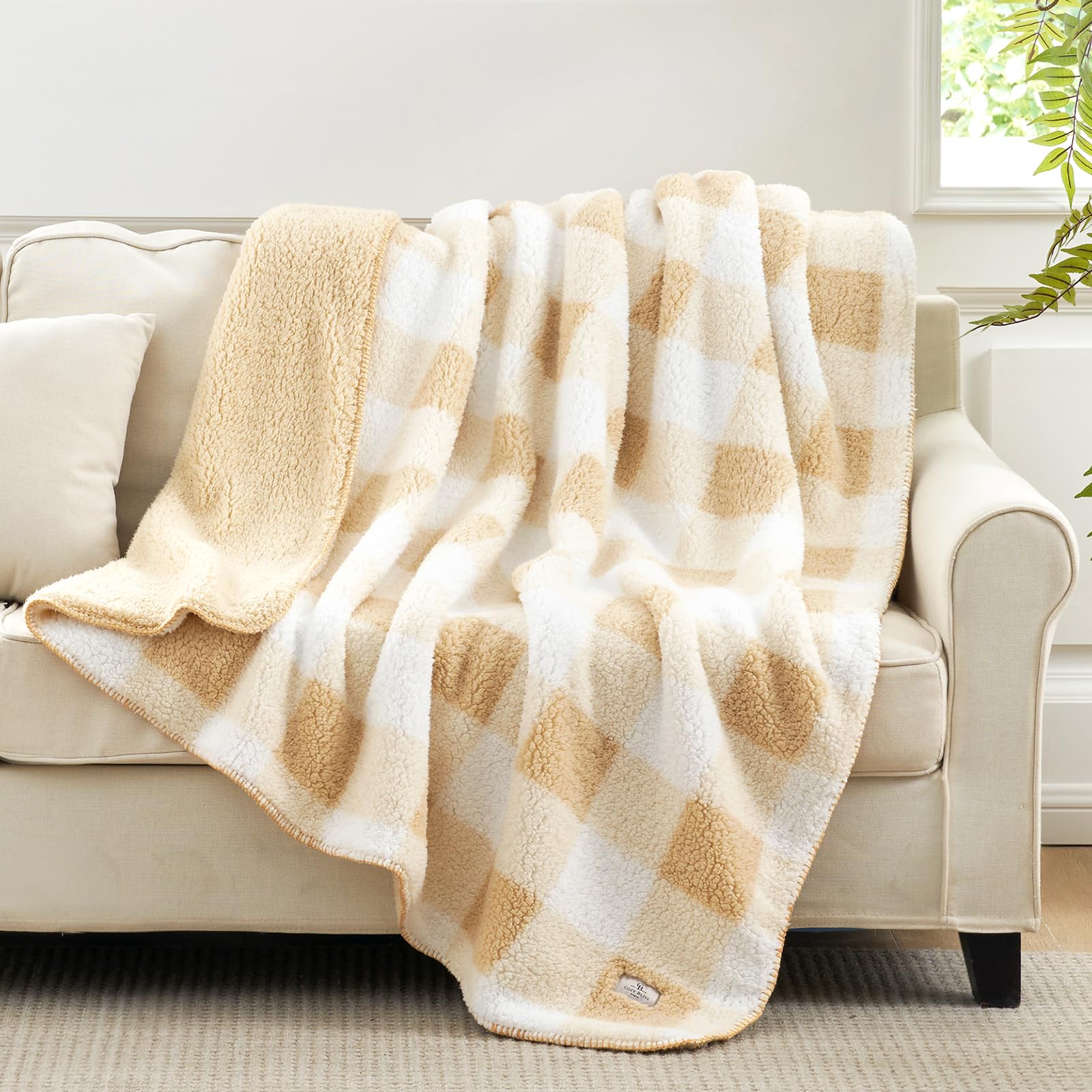 Cozy Bliss Ultra Soft Reversible Double Sherpa Sided Blanket, Buffalo Plaid Throw Blanket Fluffy Thick Warm Plush Fuzzy Blanket for Couch, Bed and Gifts (Beige, 50" x 60")