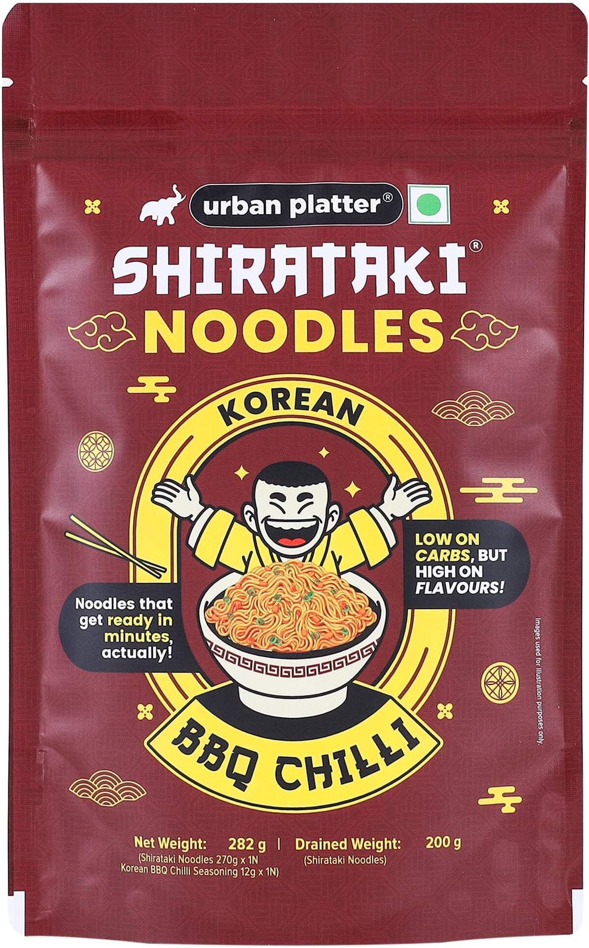 urban platter Korean BBQ Chilli Shirataki Noodles, 282gm (Konjac Noodle | Keto-friendly, Low-Carb, Fat-free | Spicy BBQ Chilli Flavour | Ready in Minutes), Large