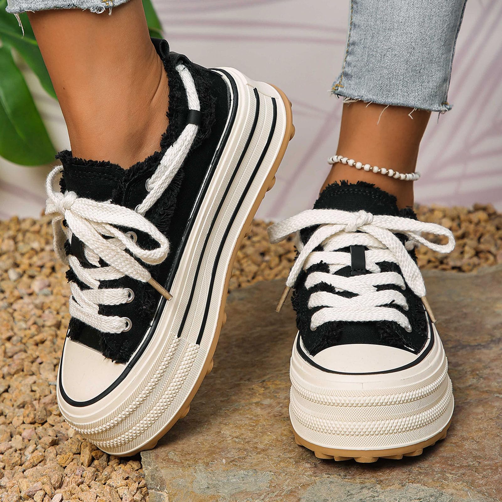 Baskets à plateforme pour femme - Chaussures de tennis classiques en toile - Couleur unie - Baskets tendance - Chaussures de randonnée décontractées