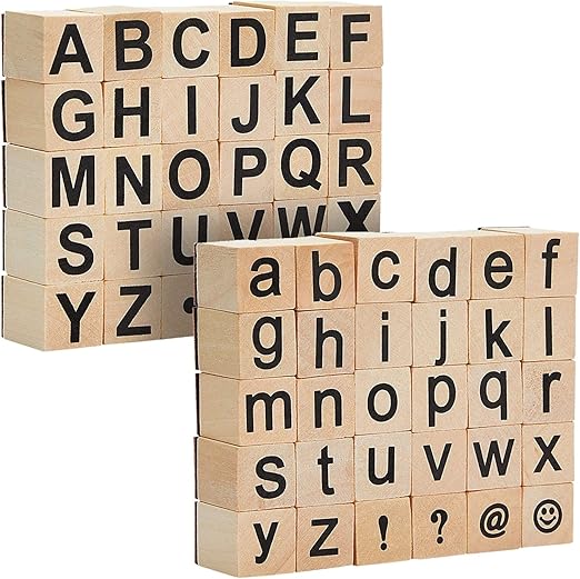 60-Piece Wooden Alphabet Rubber Stamp Set - Upper & Lowercase Letter Stamps & Symbols for Crafting, Scrapbooking Supplies