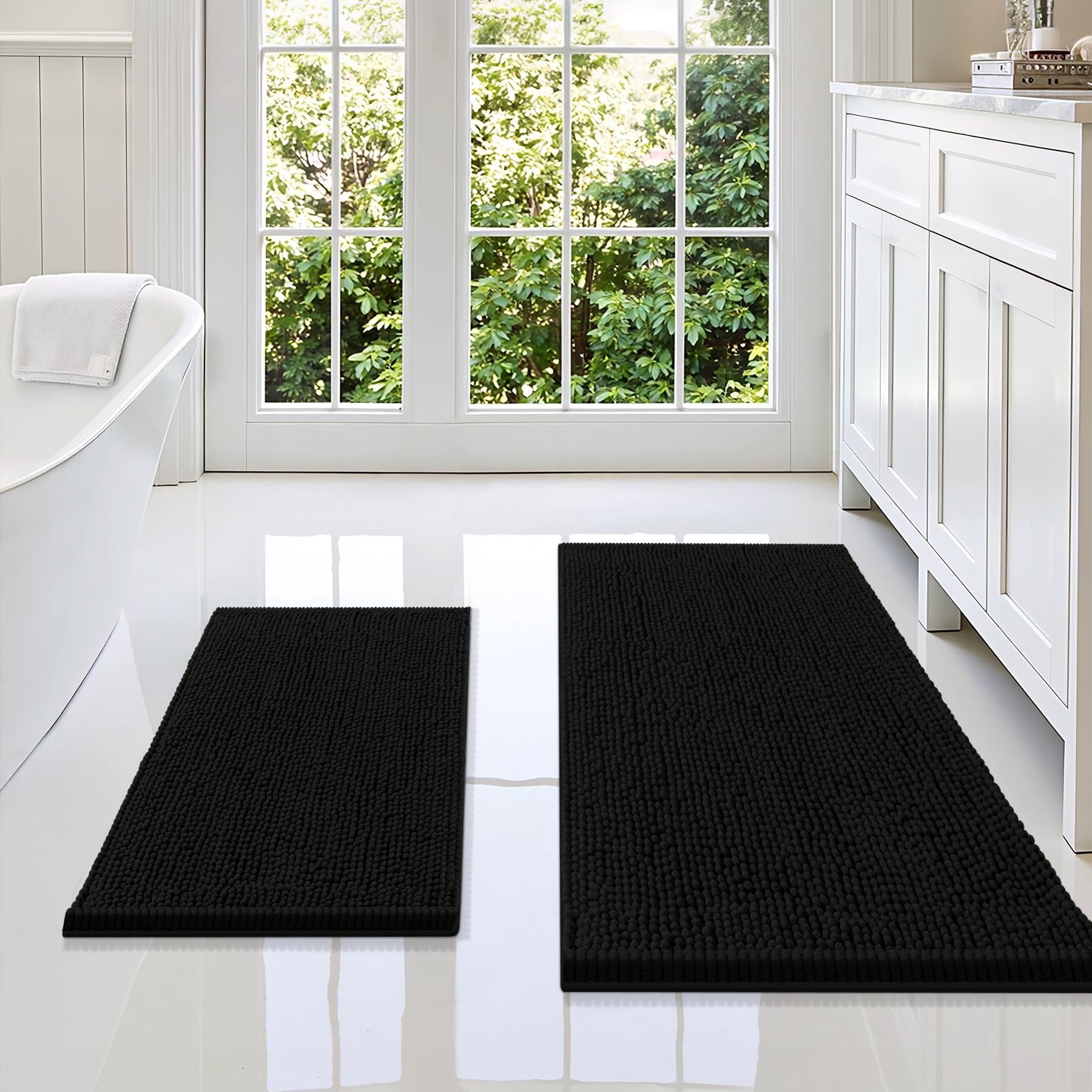 Smiry Chenille Bathroom Rugs Sets 2 Piece (36x24+24x16, Black)