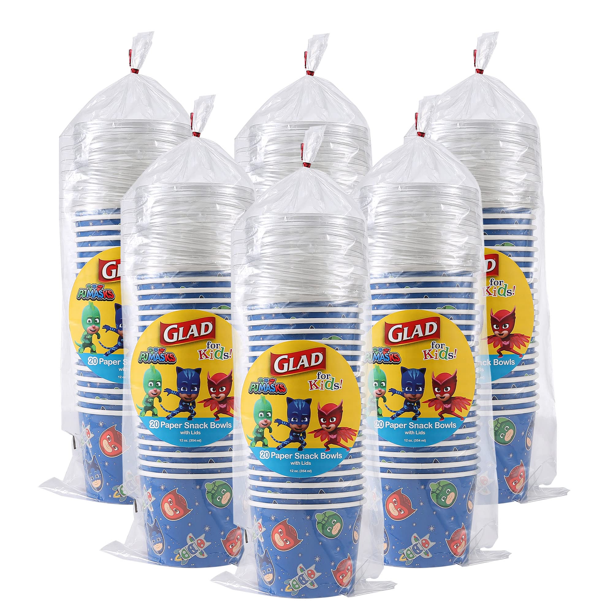 Glad for Kids 12 oz PJ Masks Space Paper Snack Bowls with Lids, 120 Ct | Disposable Paper Bowls with Lid with PJ Masks Space Design | Kids Snack Bowls