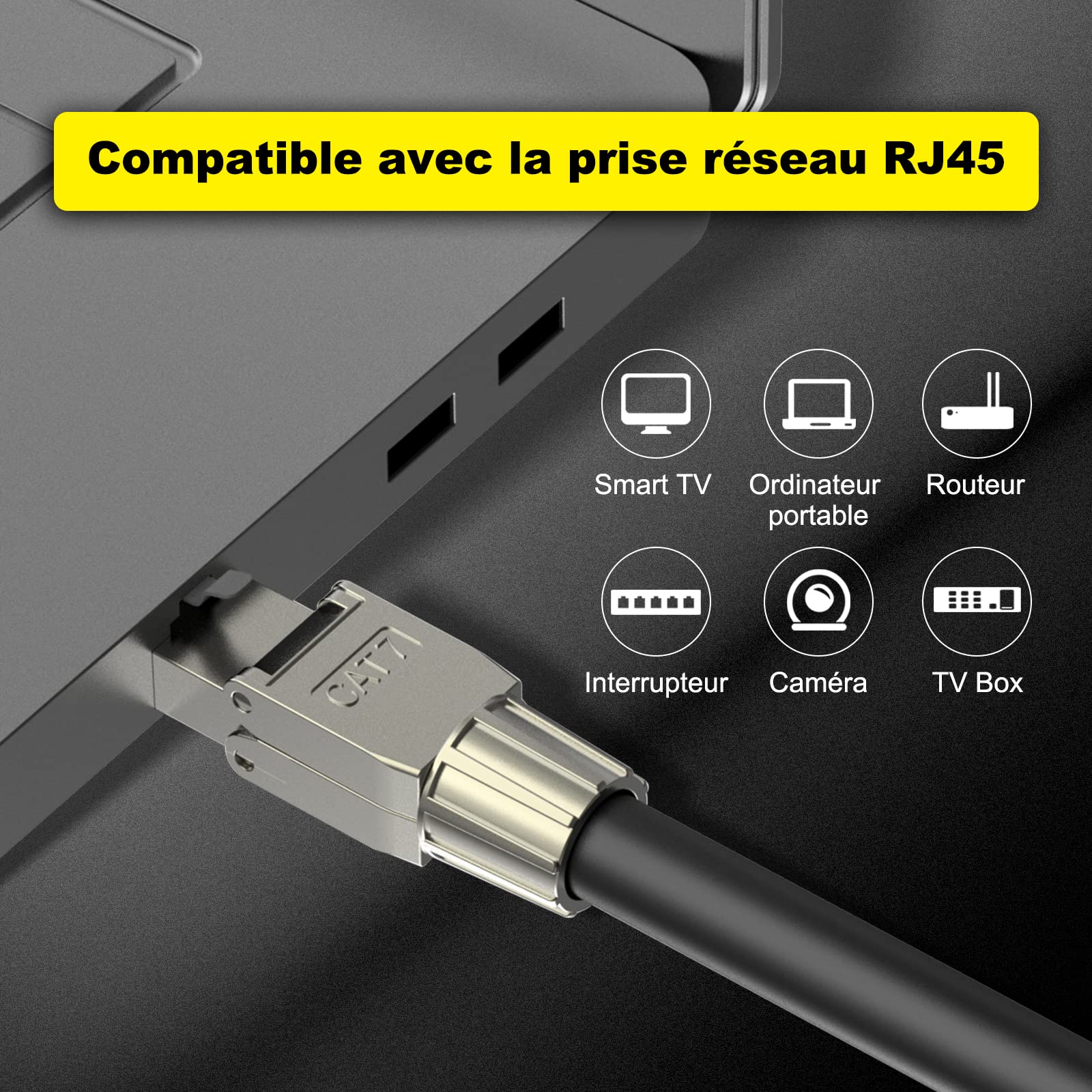 VCELINK Lot de 4 fiches RJ45 sans outil Cat 7 Cat6a, fiche réseau POE++, fiche Cat 7 10 Gbps 600 MHz blindée, fiche LAN avec connecteur LSA pour câble d'installation, câble de pose, noir