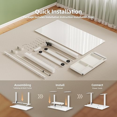 Miniatura 8 de INNOVAR Escritorio de pie de cristal con cajones, escritorio de pie ajustable de 48 x 24 pulgadas, de instalación rápida, escritorio para