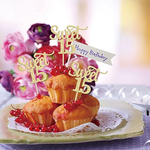 Miniatura 4 de Gyufise 24 piezas de adornos para cupcakes con purpurina dorada, número 15, quince palillos para tartas, decoraciones para cumpleaños de 15 años,