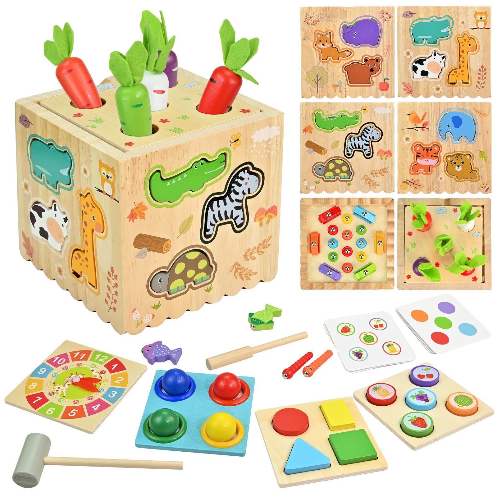 8 in 1 Wooden Activity Cube Toys, Montessori Toy for 1 2 3 Years Toddlers, Wooden Sorting and Stacking Game, Shape Sorter Learning, Fishing Game and Fine Motor Skills Toys Gifts for Baby Boys Girls