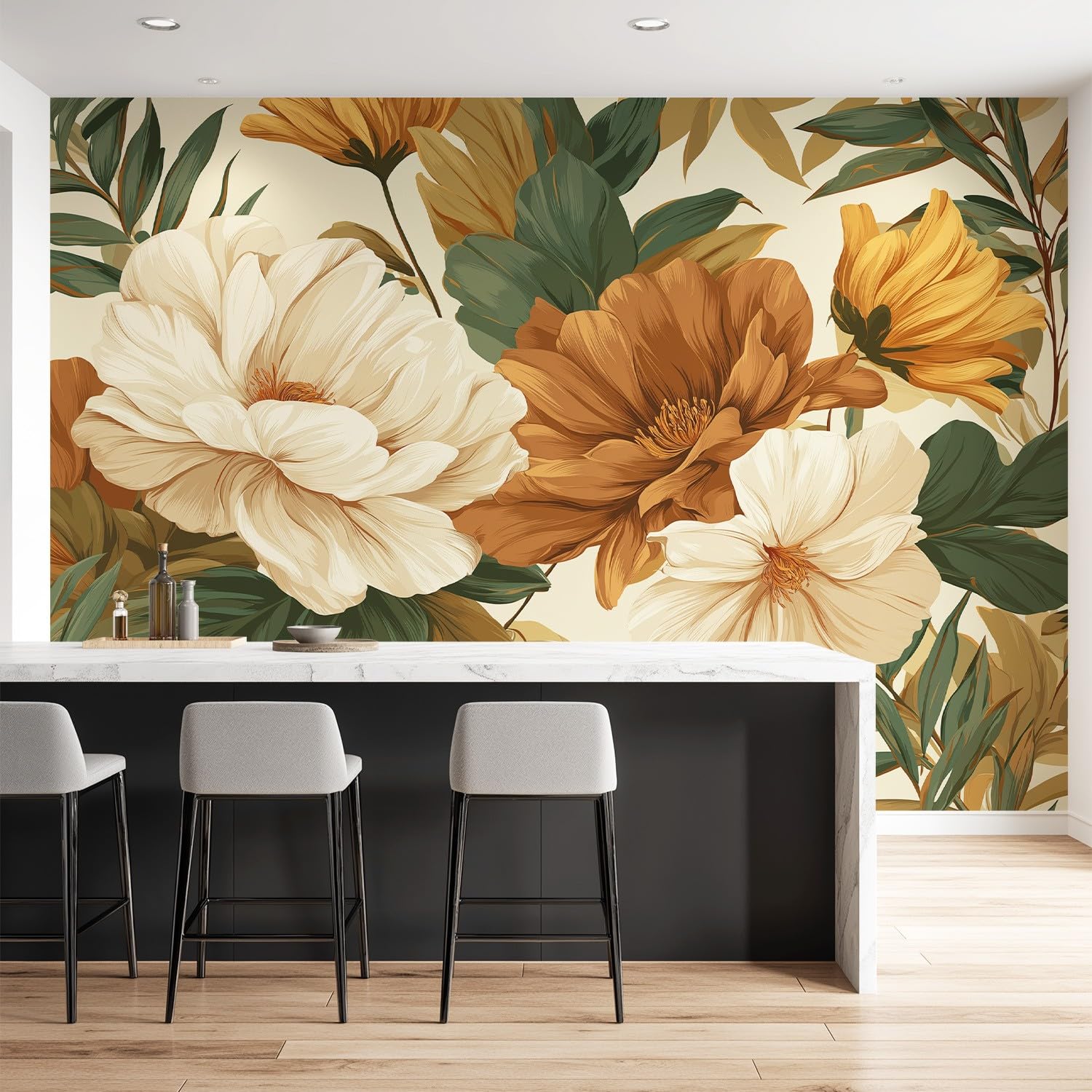 Générique Tapeta z włókniny w stylu vintage, styl francuski, wiejski, tapeta panoramiczna, kwiaty, ciepłe, liście, do salonu, dekoracja ścienna 400 x 280 cm