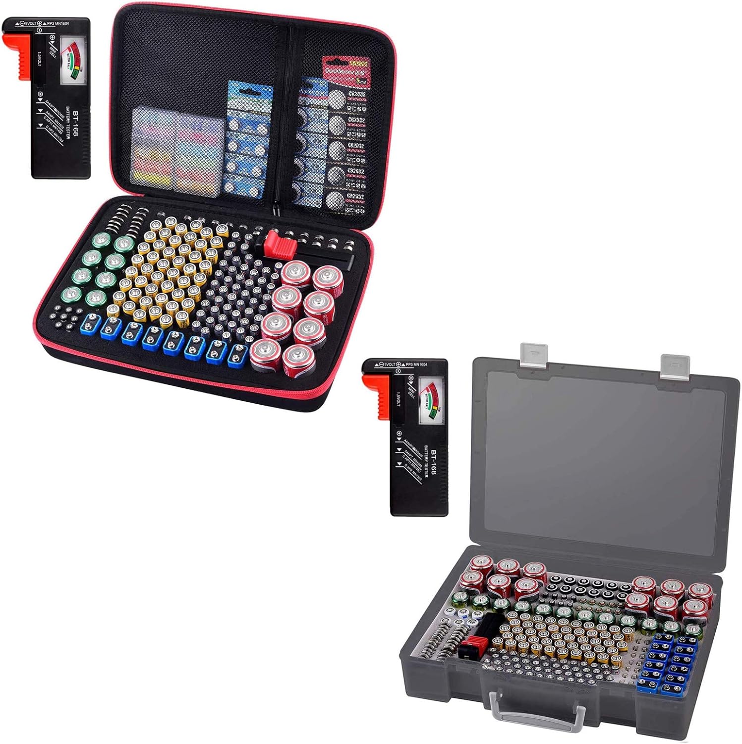 2 Pcs Battery Organizer Holder- Batteries Storage Containers Box Case with Tester Checker BT-168. Garage Organization Holds 225 Batteries AA AAA C D Cell 9V 3V Lithium LR44 CR2 CR1632 CR2032