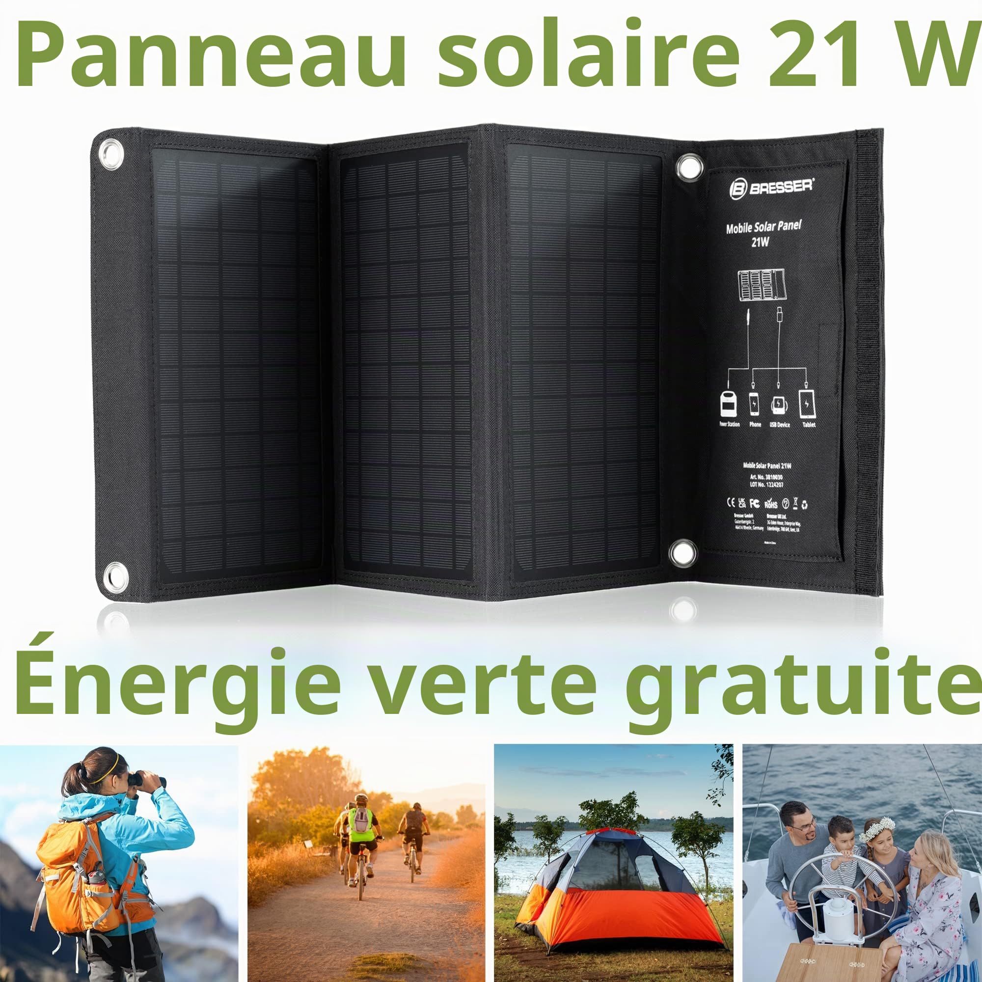 Bresser Chargeur Solaire Portable 21 W Pliable avec USB A et Sortie DC