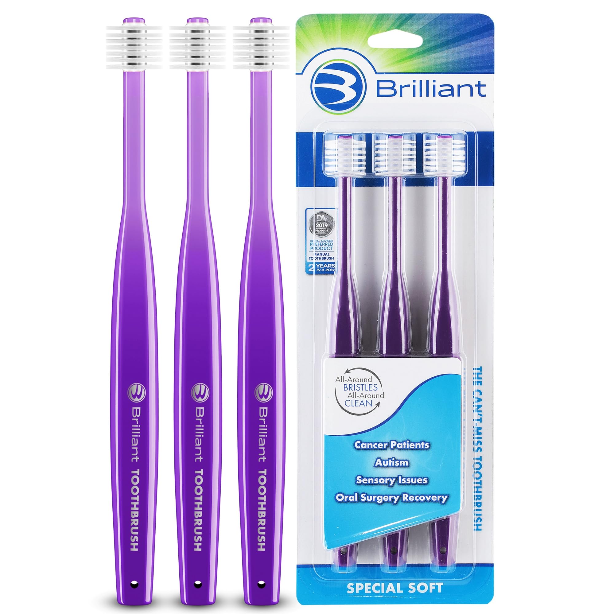 Specialty Adult Round Toothbrush for Sensitive Mouths to Support Chemo and Other Sensory Oral Care Needs with Ultra Soft Bristles, Violet, 3 Pack