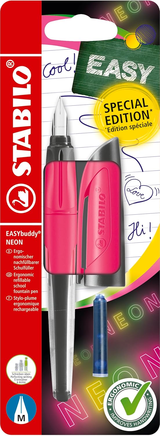 STABILO - EASYbuddy NEON school fountain pen with standard nib M - neon pink - blue (erasable) - incl. cartridge - blister
