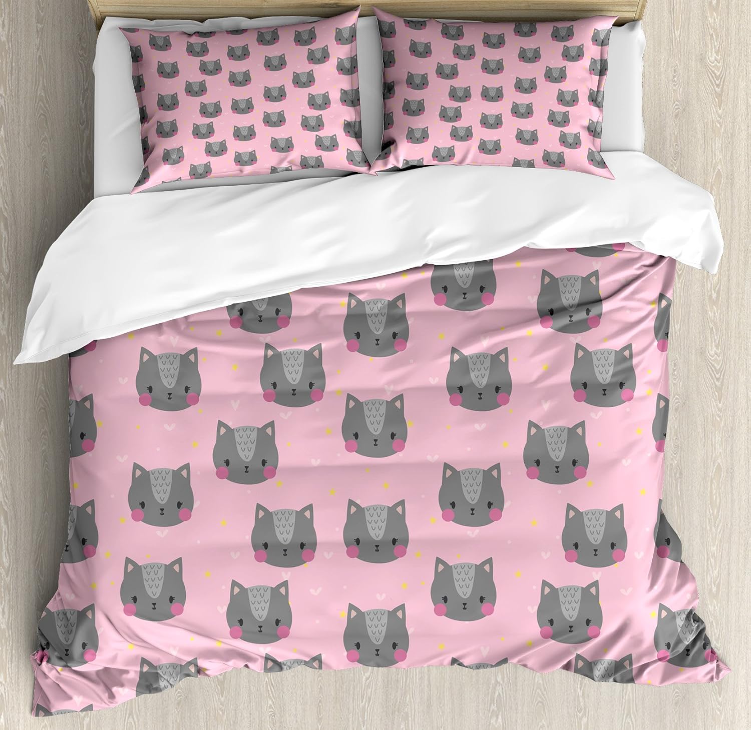 Ambesonne Cat Duvet Cover Set, Greyscale Feline Portraits with Pastel Colored Stars and Hearts Background, Decorative 3 Piece Bedding Set with 2 Pillow Shams, Queen Size, Grey Pink Pale Pink