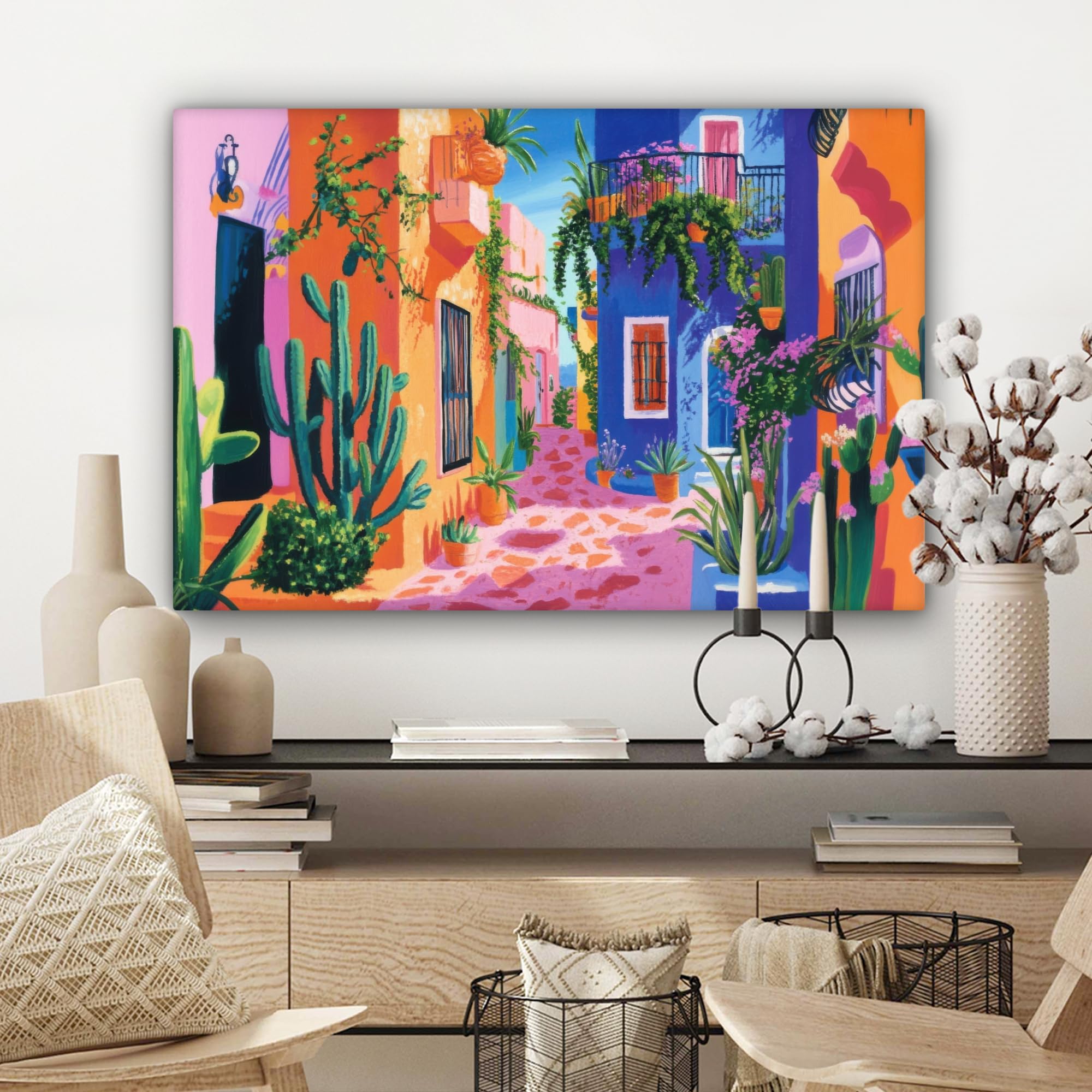 MuchoWow© Impression sur Toile Peinture 90x60 cm Tableau Mural Decoration Salon Reproductions de Tableaux Murale Moderne Jaune - Bleu - Orange - Maison