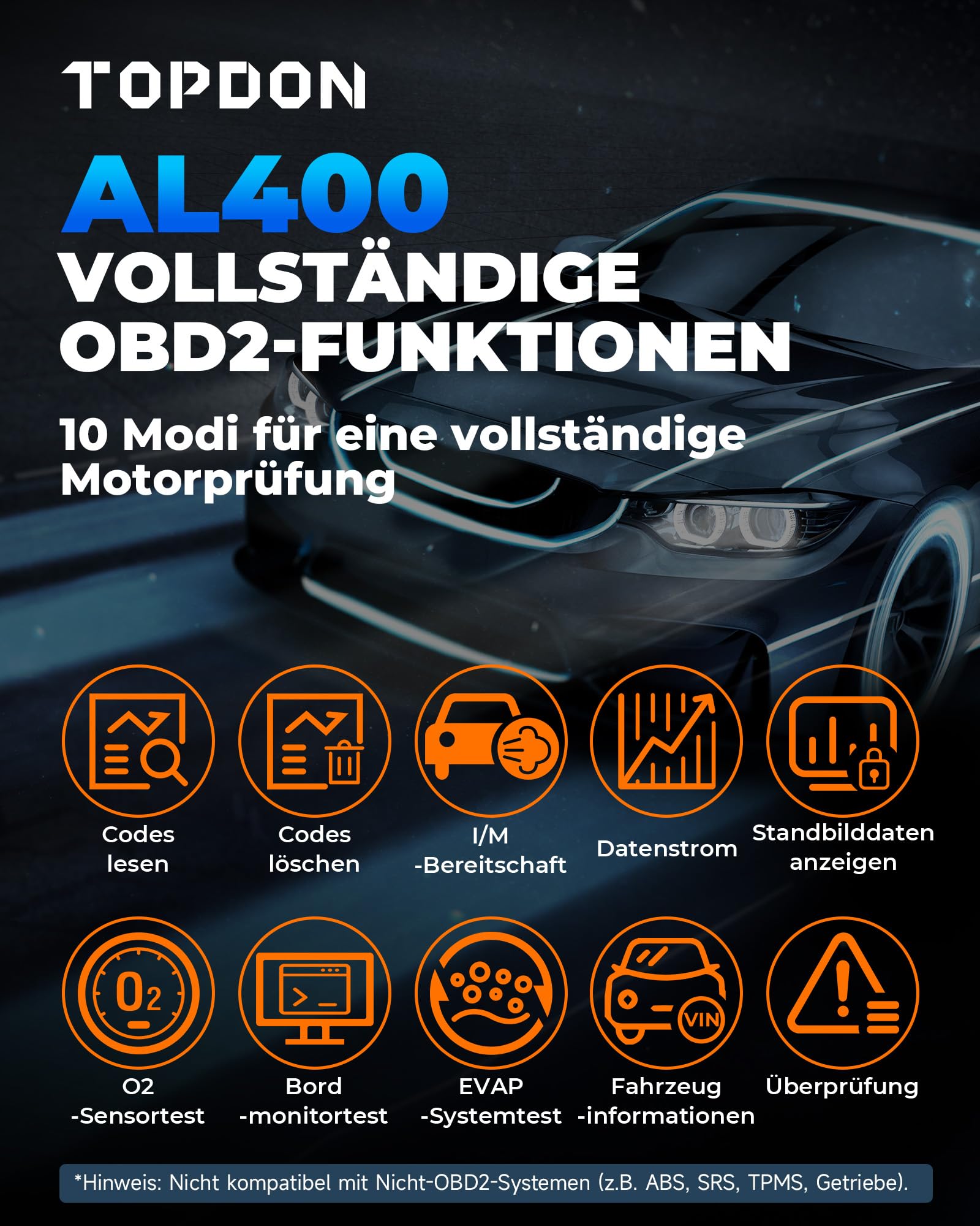 TOPDON AL400 OBD2 Diagnosegerät, 10 OBD2 Modi, One Touch I/M Bereitschaftstaste, 2,4 Zoll TFT Farbbildschirm, für EU Autos ab Baujahr 2000, lebenslange Updates