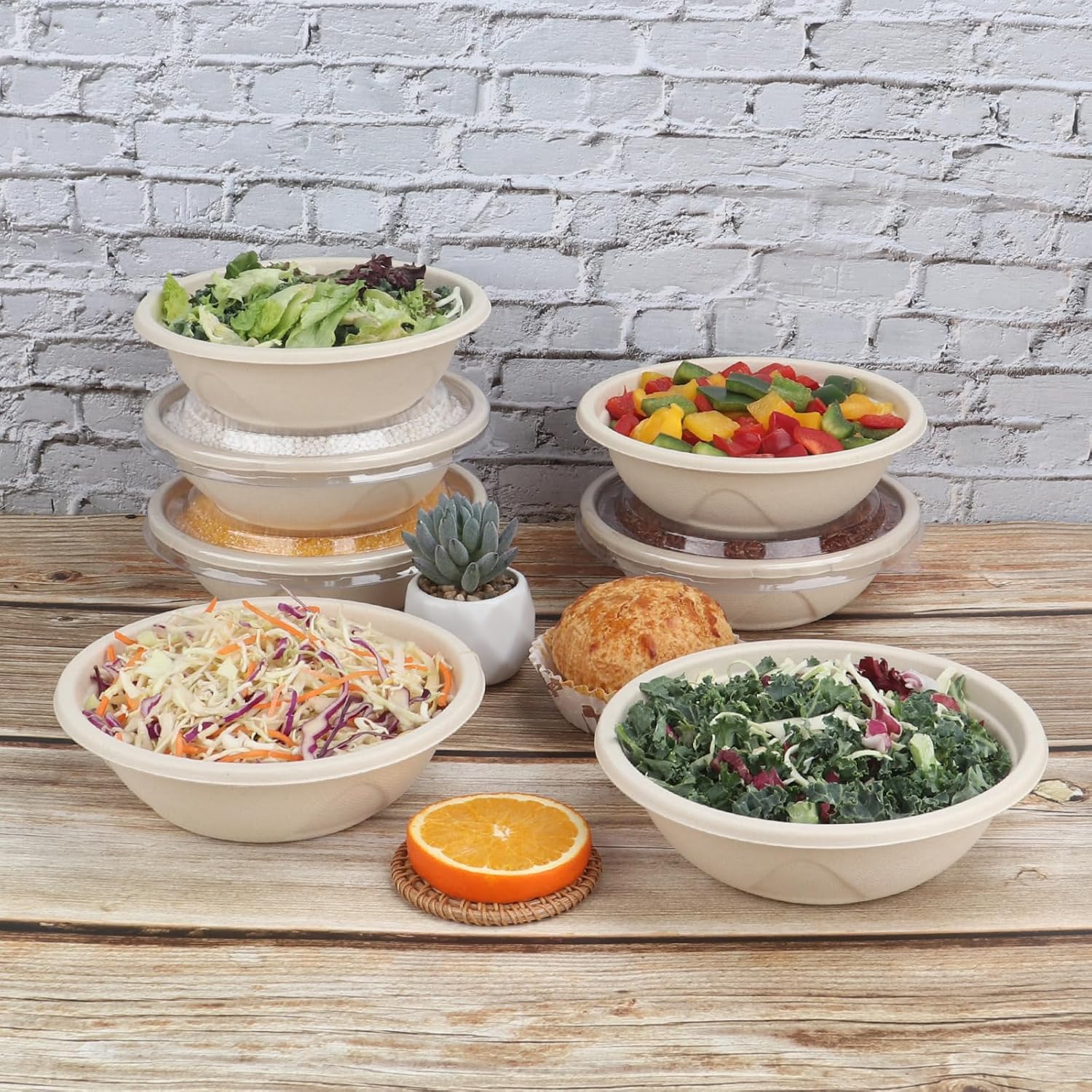 25 oz Disposable salad bowls with lids, Sugarcane Fiber Paper Bowls take away food containers meal prep deli container Freezer Safe 50 Pack - Image 5