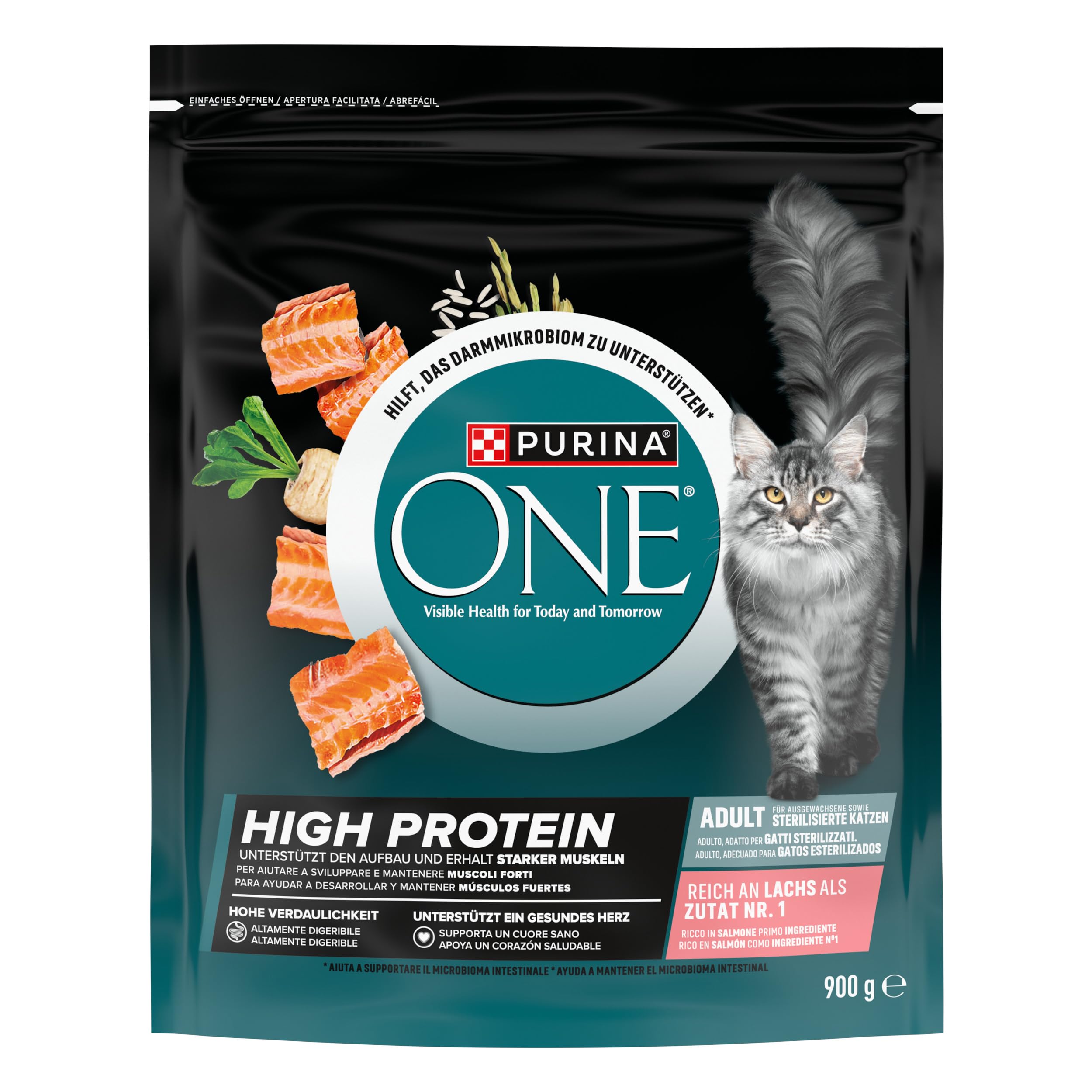 PURINA ONE High Protein sucha karma dla kotów, bogata w łososia, 6 sztuk (6 x 900 g)