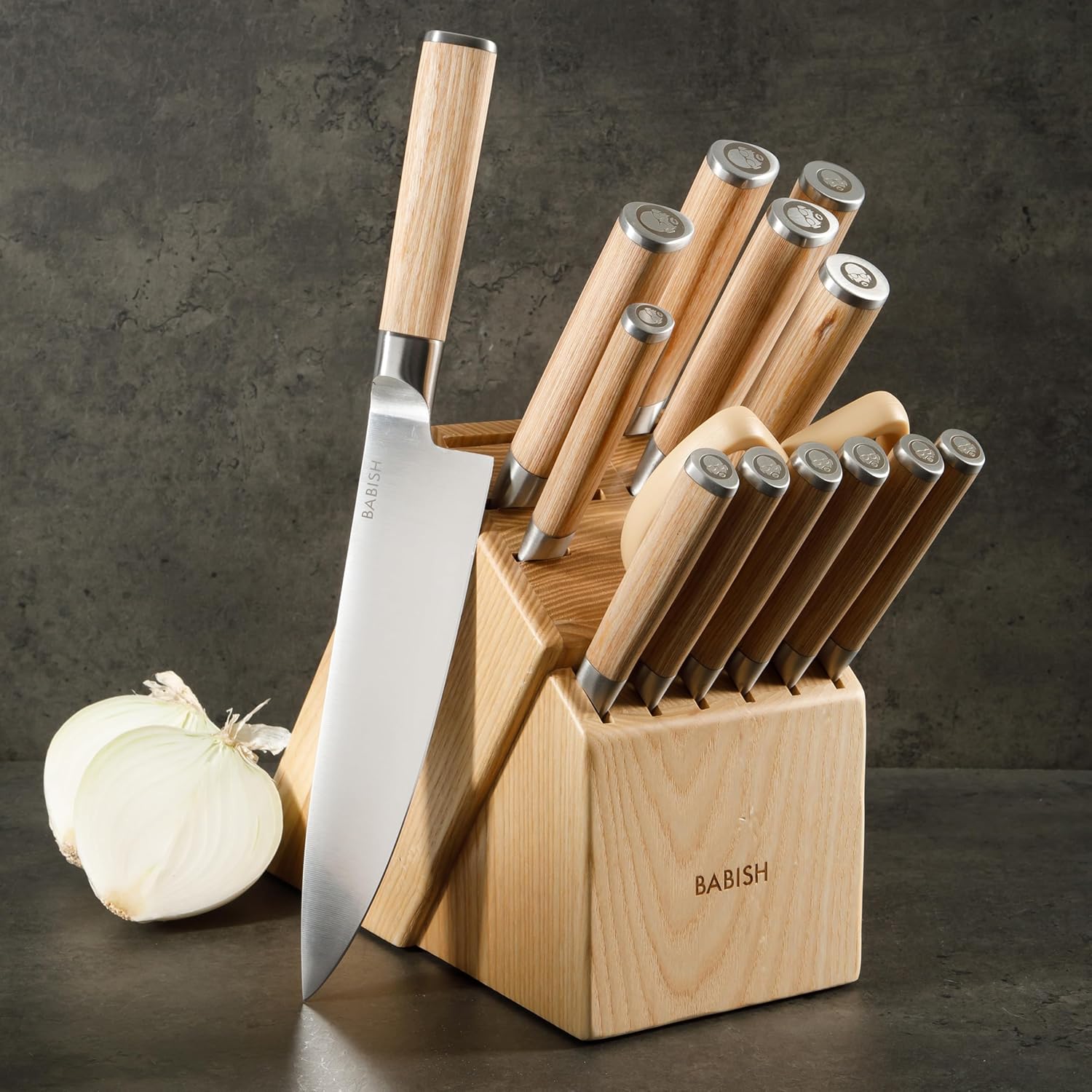 Babish High-Carbon 1.4116 German Steel 15 Piece Full Tang Forged Cutlery Kitchen Knife Block Set - Light Pakka Wood Handle