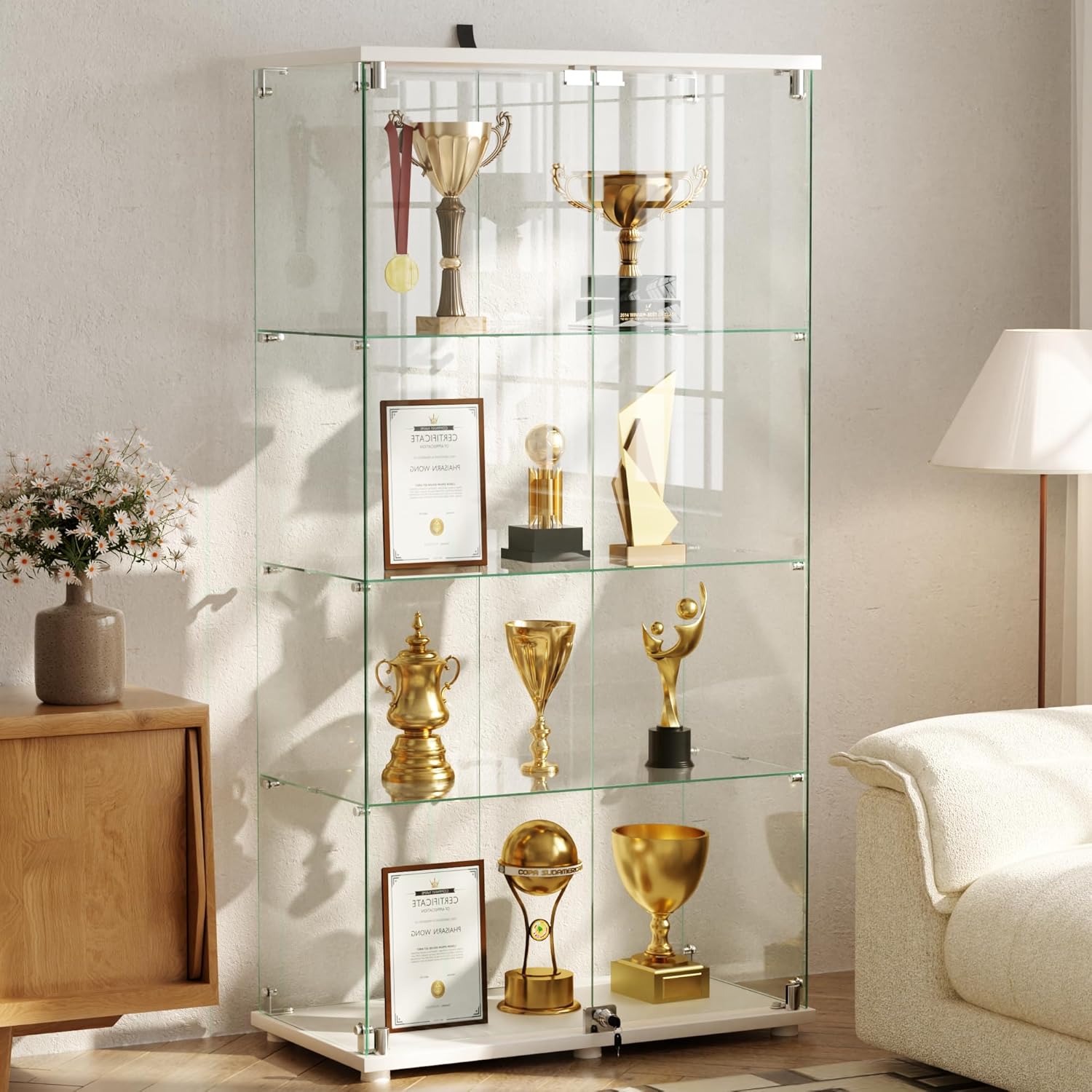 VooBang Glass Display Cabinet with Lock & HD Glass Door, Solid Wood 4-Tier Curio Cabinet for Collectibles, Freestanding Storage Display Case & Bookcase, Black