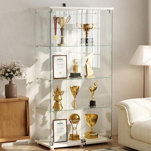 VooBang 4-Tier Glass Display Cabinet with Lock, Clear Curio Cabinet with Double 