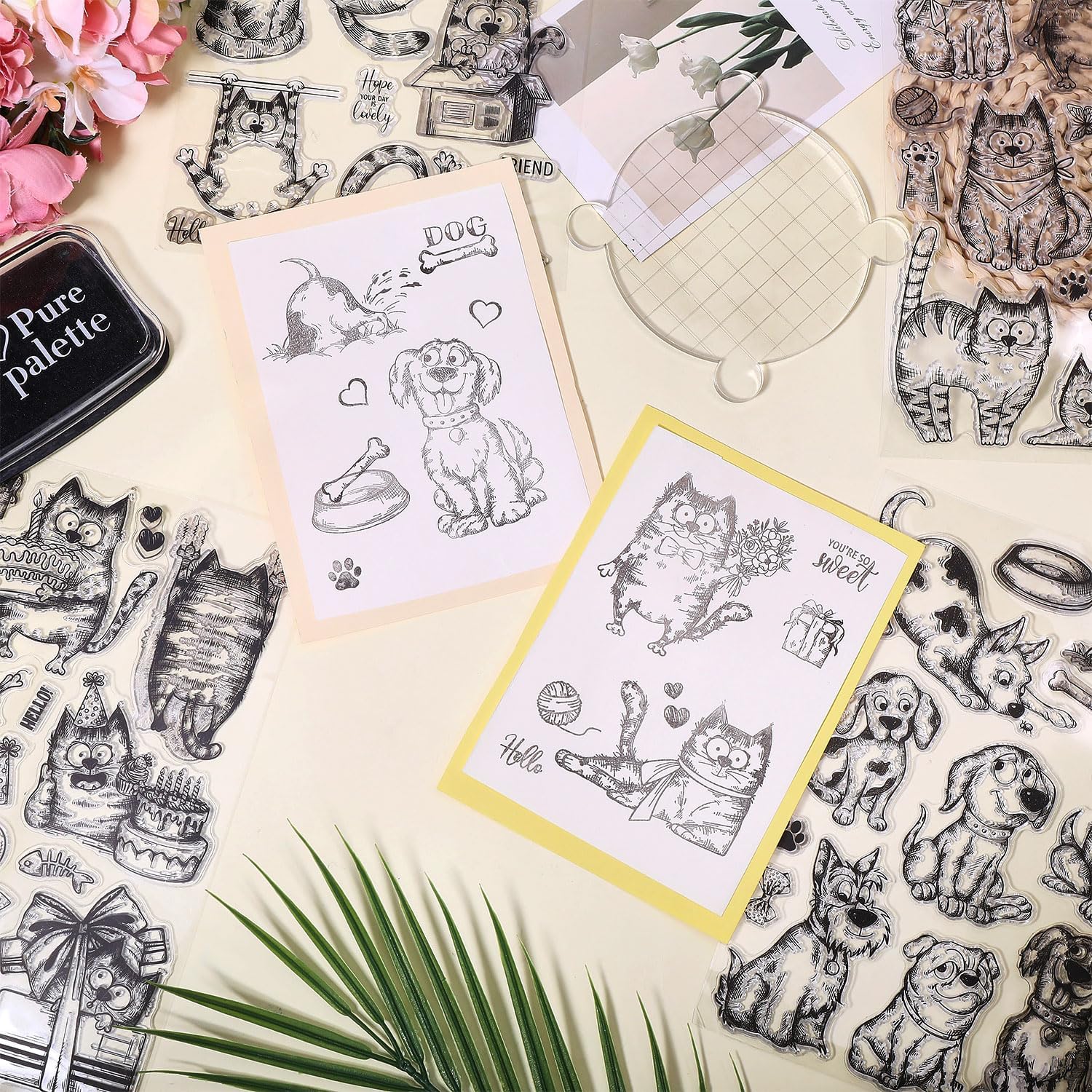 GLOBLELAND 4 Sheets Cartoon Cat Dog Clear Stamp for Card Making Birthday Cats Silicone Stamp Seals Funny Cat Dog Transparent Stamps for DIY Scrapbooking Journals Decorative Photo Album 8.3x5.8inch