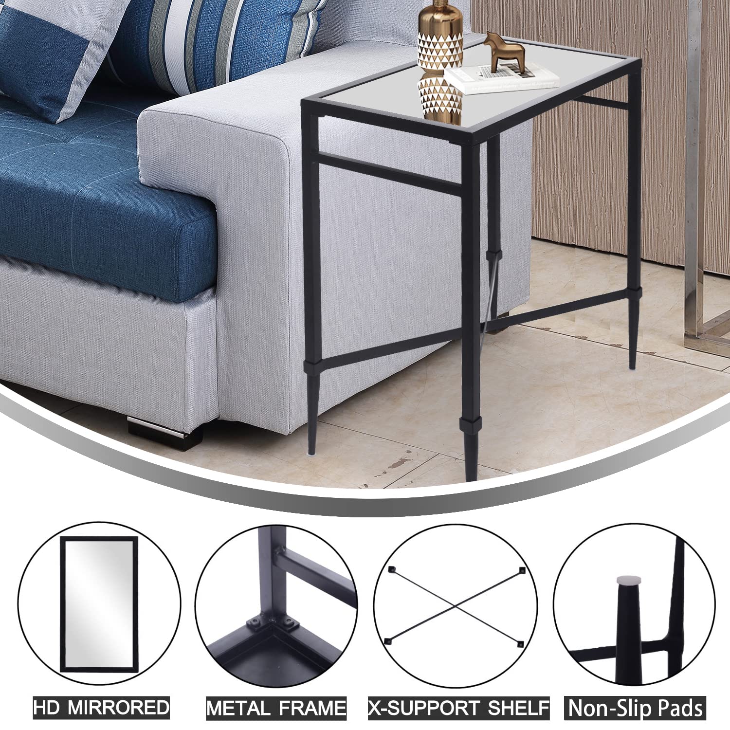 GIFTTROVE Modern Black End Table, Side Table with Mirrored Top, 22" L x 12.4" W x 24" D, Metal Rectangle Sofa Table for Living Room