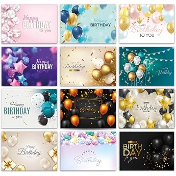 12 x Birthday Cards Congratulations Cards Set with 15 Birthday Cards Folding Cards with Envelopes Balloons Happy Birthday for Adults Men Women Children Girls Boys Private