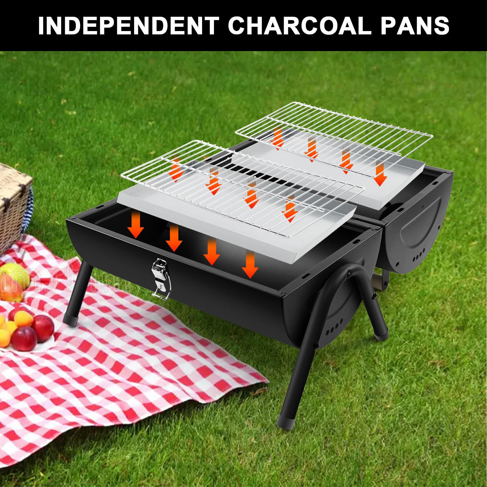Barbecue Charbon Portable 2 en 1 Noir | avec Thermomètre, robuste, facile à transporter, pour jardin balcon voyage camping