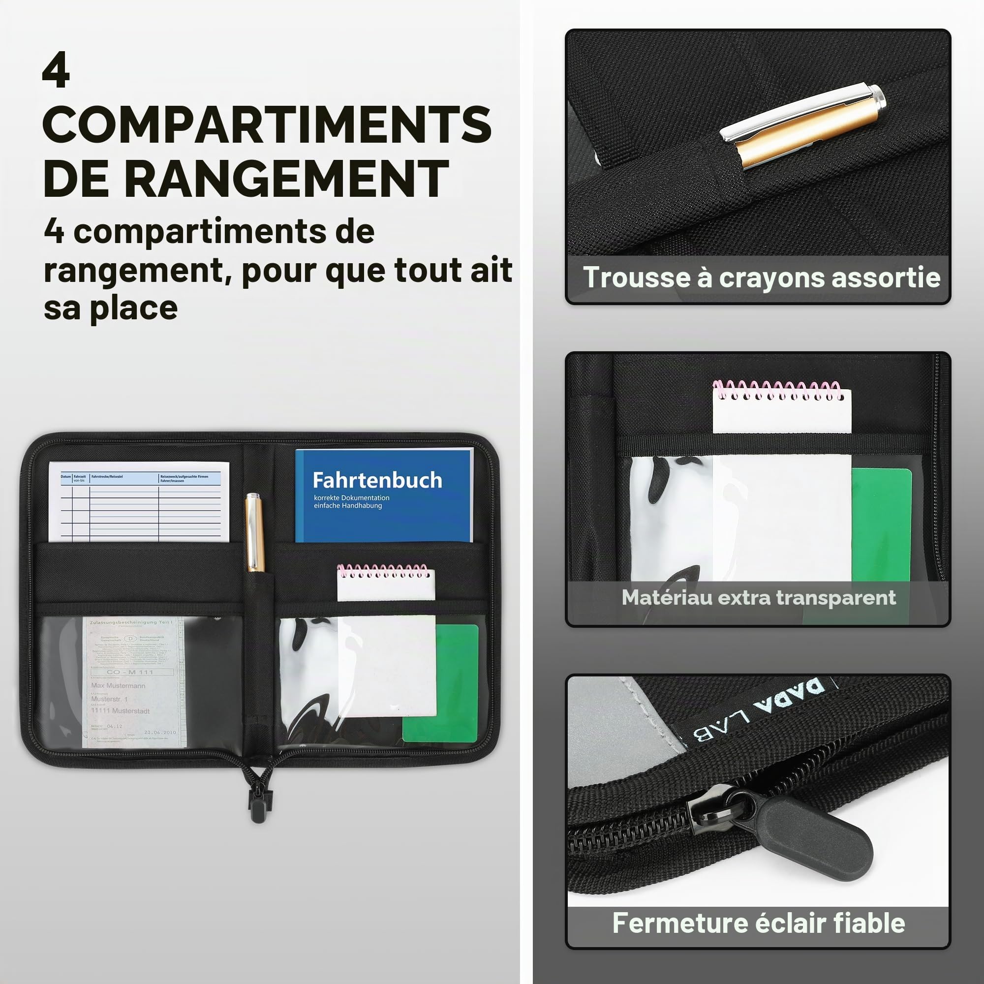 Porte-documents A5 pour boîte à gants de voiture - Organiseur auto - 4 compartiments - Bandes réfléchissantes - Compartiment séparé pour cartes - Porte-documents Noir