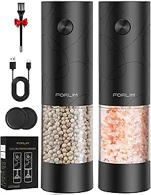 FORLIM Conjunto de moedor elétrico de sal e pimenta, recarregável por USB, moedor automático de sal e pimenta com capa contra poeira, controle de um botão, grossura ajustável, luz LED branca (2