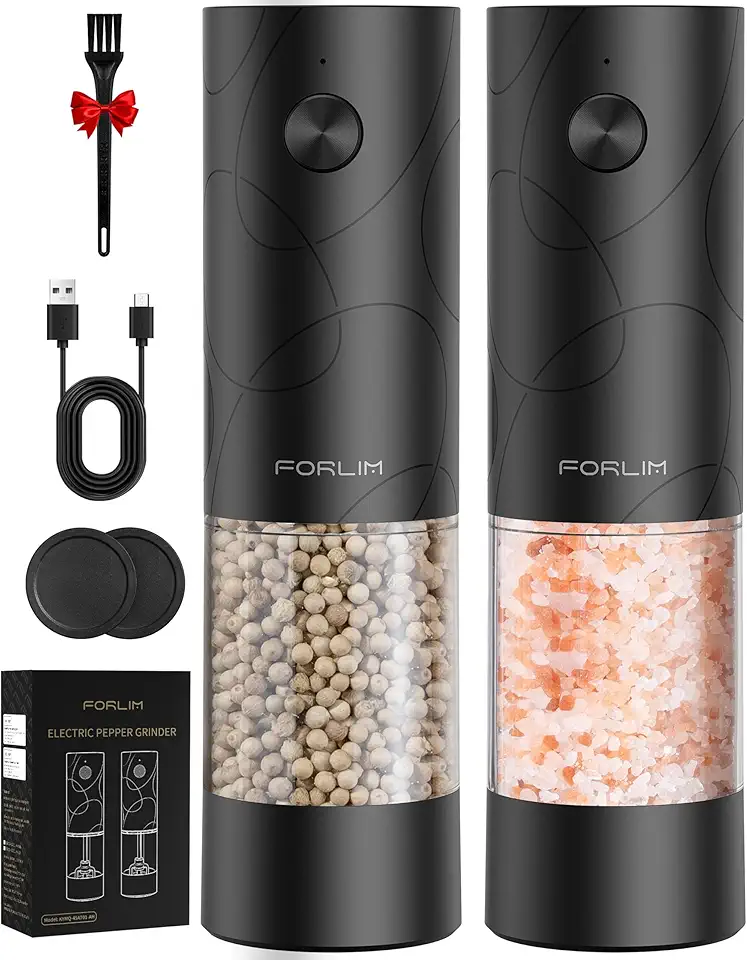 FORLIM Conjunto de moedor elétrico de sal e pimenta, recarregável por USB, moedor automático de sal e pimenta com capa contra poeira, controle de um botão, grossura ajustável, luz LED branca (2