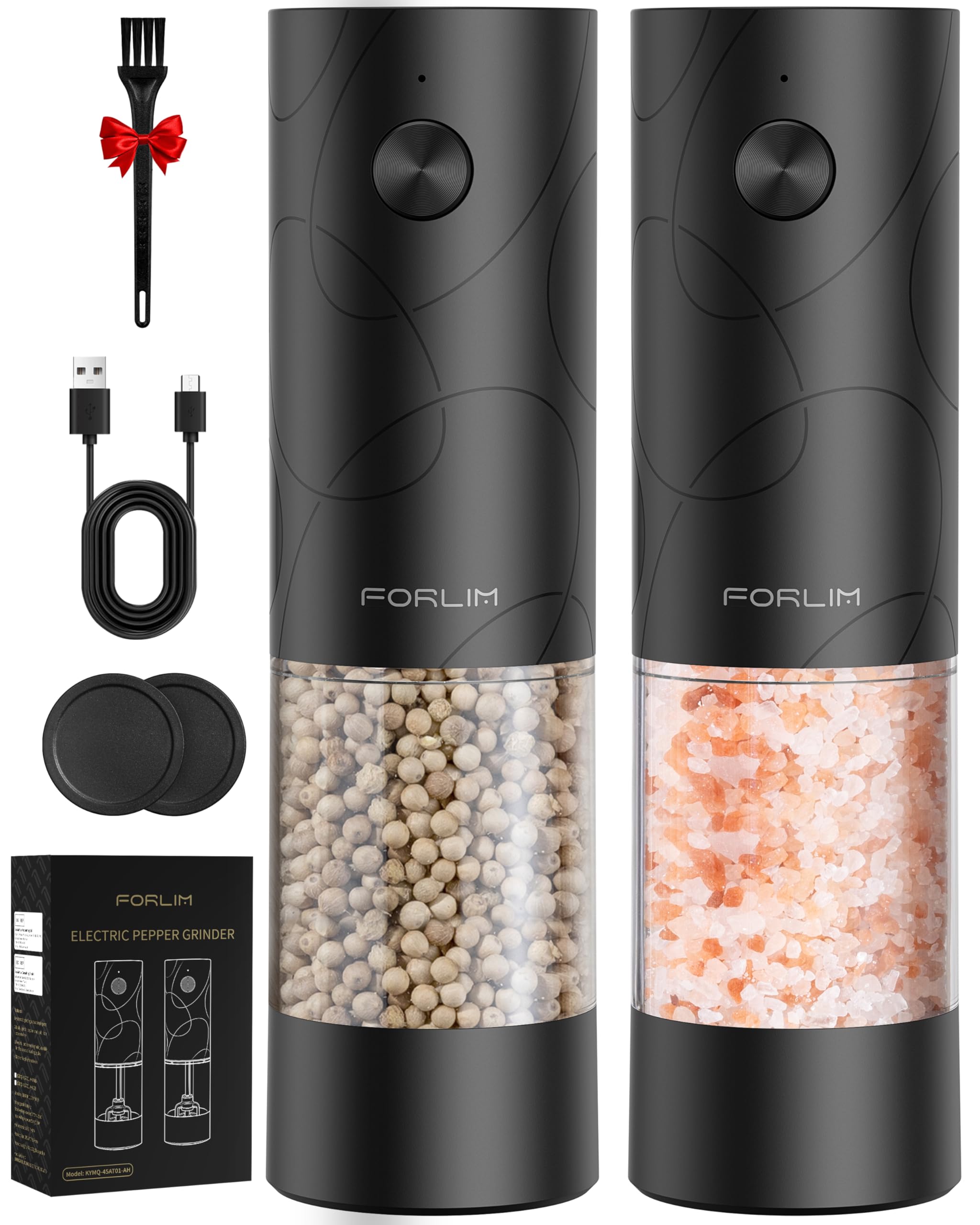 FORLIM Electric Salt and Pepper Grinder Set, USB Rechargeable, Automatic Salt Pepper Mill Grinder with Dust Cover, One-Button Control, Adjustable Coarseness, Warm LED Light (2 Packs, Black)