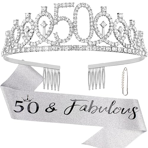 Kit de tiara y banda de cumpleaños "50 & Fabulous" - Regalos de cumpleaños 50 para mujeres, decoraciones de fiesta de cumpleaños 50, Tela Diamante