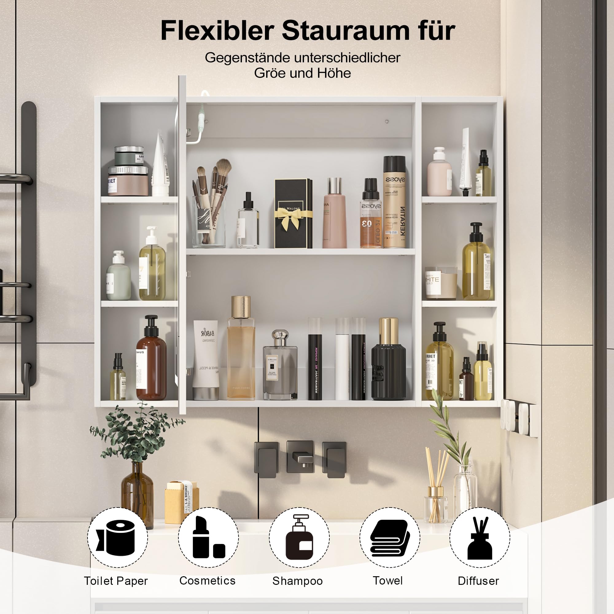 KEEPREAPER Spiegelschrank Bad mit Beleuchtung,Spiegelschrank mit LED-Beleuchtung & Offenen Regalen – 3-Farben-LED, Helligkeitsregelung & HD-Spiegel für Badezimmer (100x76x13.5cm)