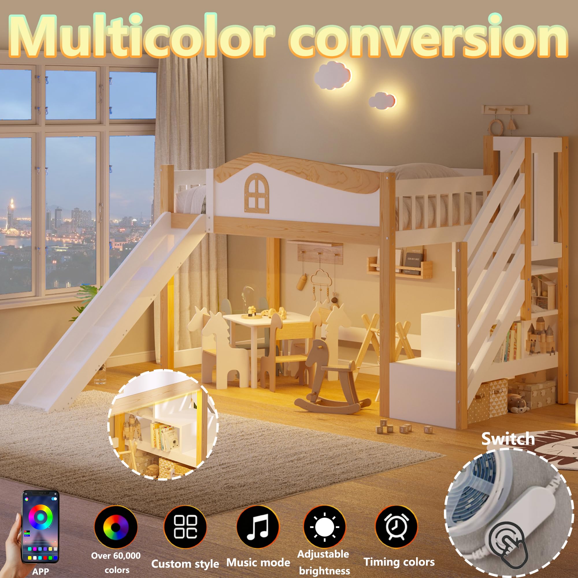 Lit Mezzanine Enfant 90x200 cm avec Toboggan,Échelle de Rangement,Barrières de Sécurité et Bandeau LED Intégré–Lit Mezzanine 1 Place en Bois Massif Pin,Blanc