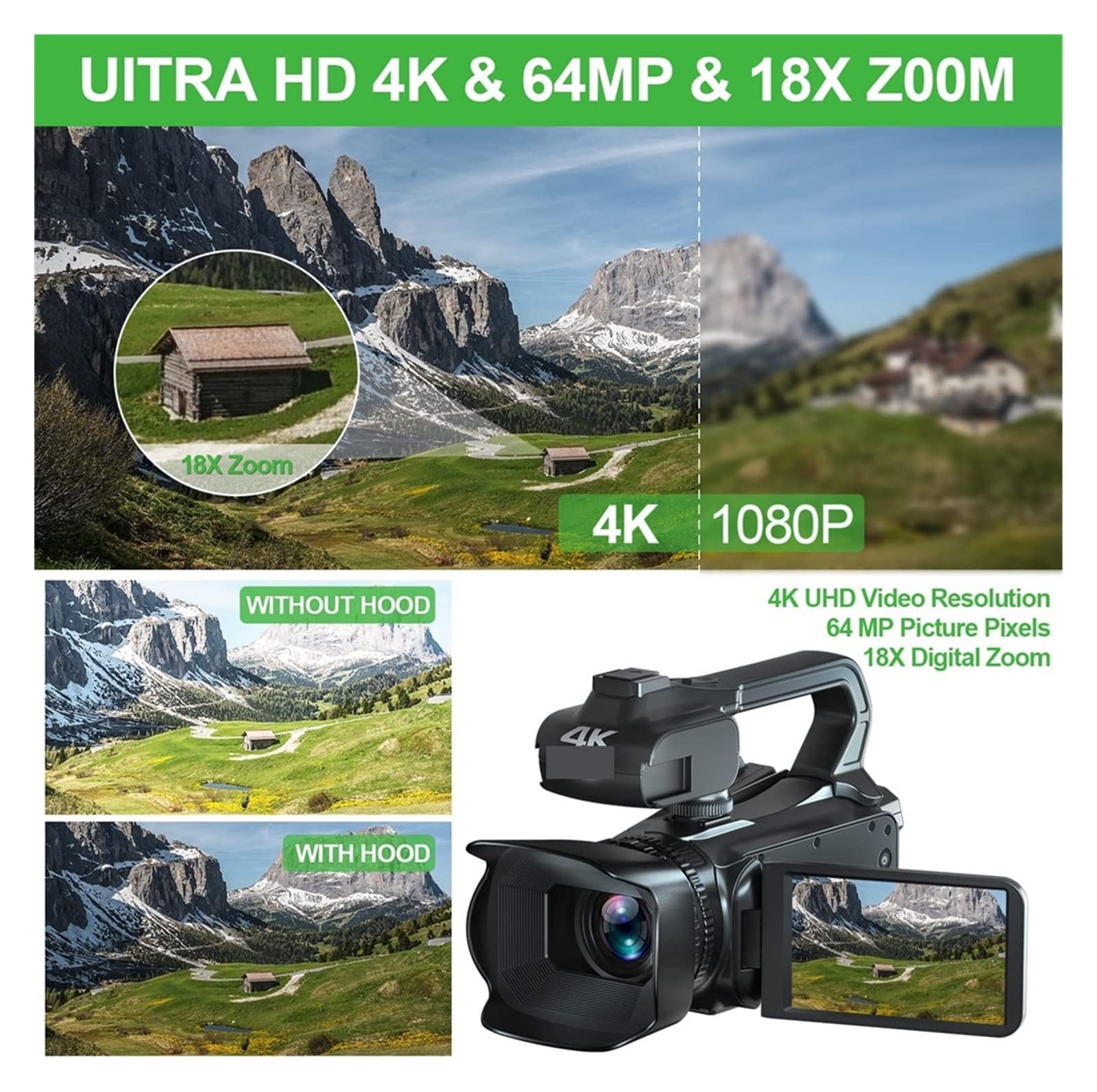 Caméscope 4K 64MP Zoom 18x - Pour Vlog, Streaming, Photo Pro | Écran Tactile, Micro Externe