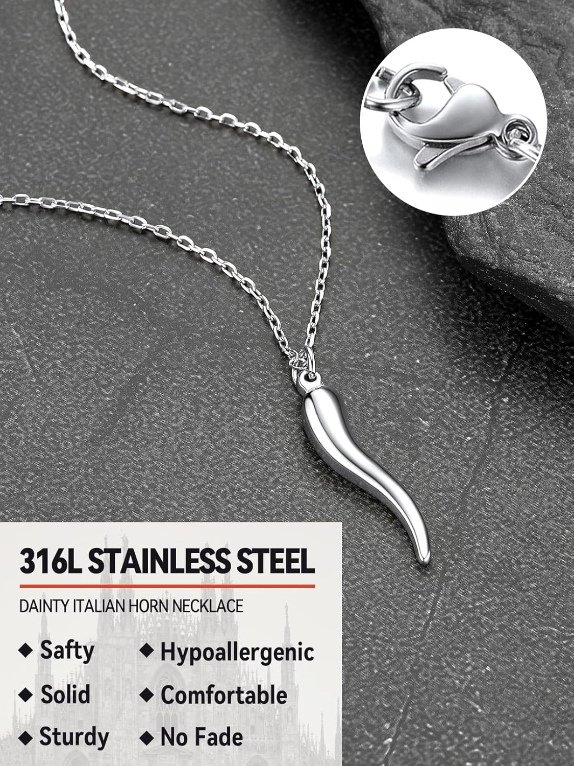 FaithHeart Italian Horn Pendant Necklace for Women Men Silver/Black/Gold Plated Stainless Steel Cornicello Necklace Protection Necklace Chains with Pendant Italian Charm Talisman with Gift Box - Image 4