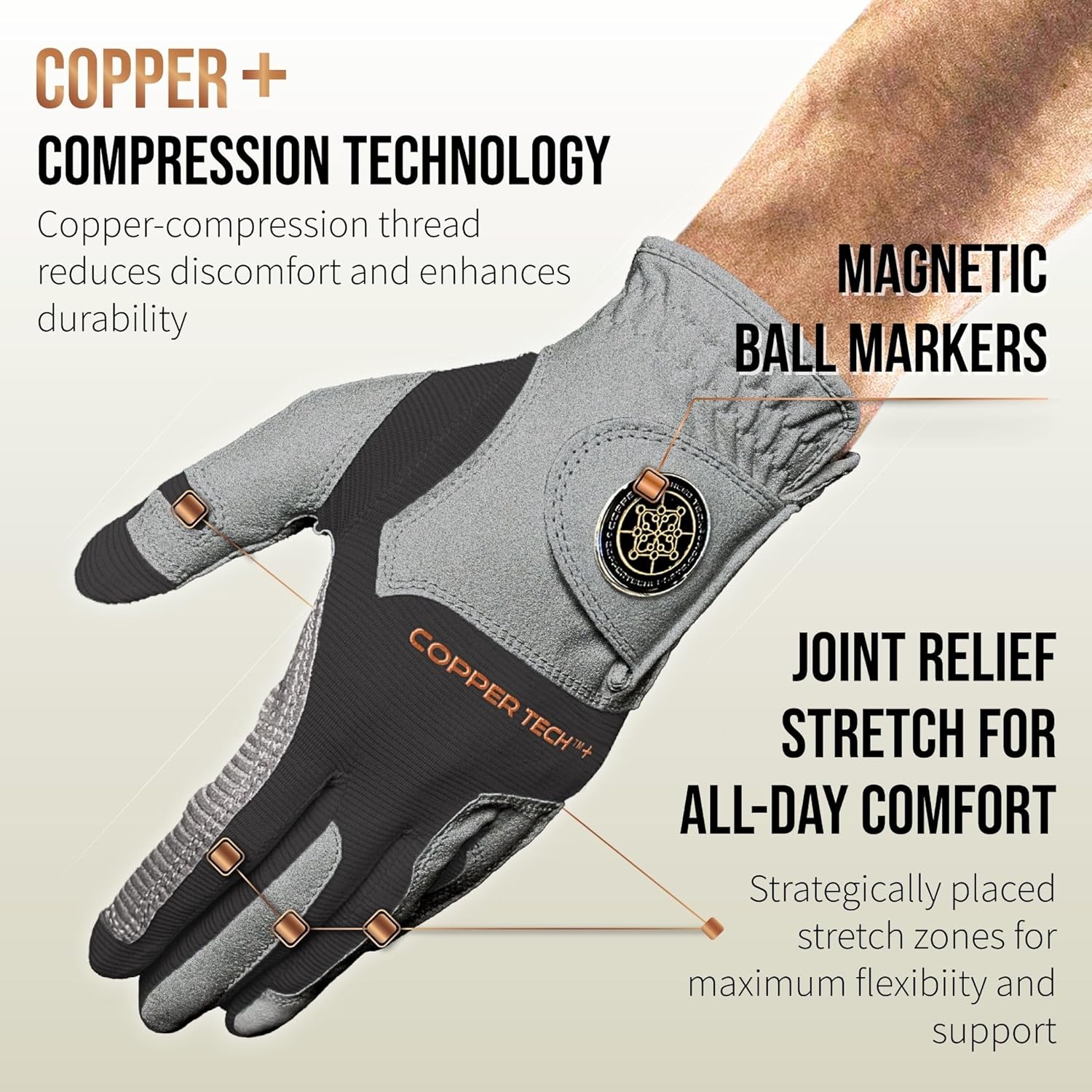 Copper Tech Plus Golf Gloves Men Right Handed Golfer or Left Handed Golfer (2nd Gen) | Copper Compression Joint Support Golf Glove - Image 2
